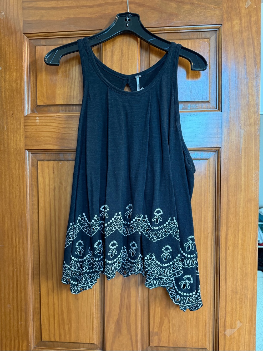 Free People Black Tank Top with White Embroidered Hem